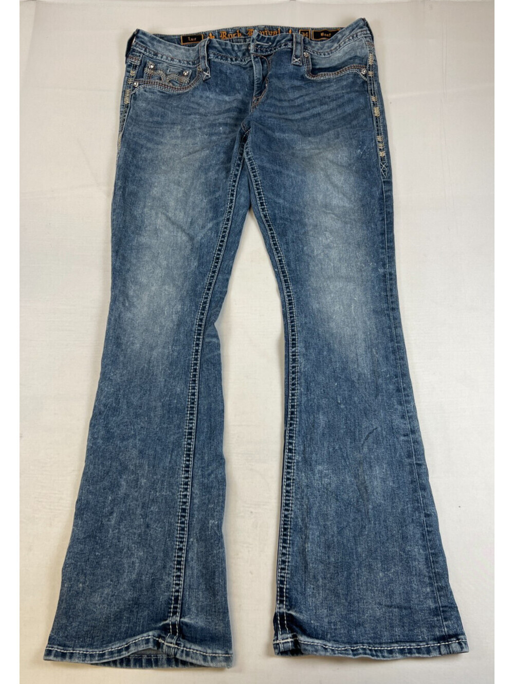 Rock Revival Womens 34 Blue Luz Bootcut Jeans Embroidered Rhinestone Flap Pocket